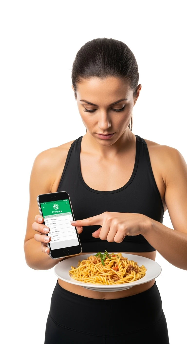 donna fitness che calcola ossessivamente le calorie di quello che sta mangiando: in mano ha un piatto di pasta e nell'altra mano ha lo smartphone per segnare tutti gli alimenti, sfondo bianco emoji