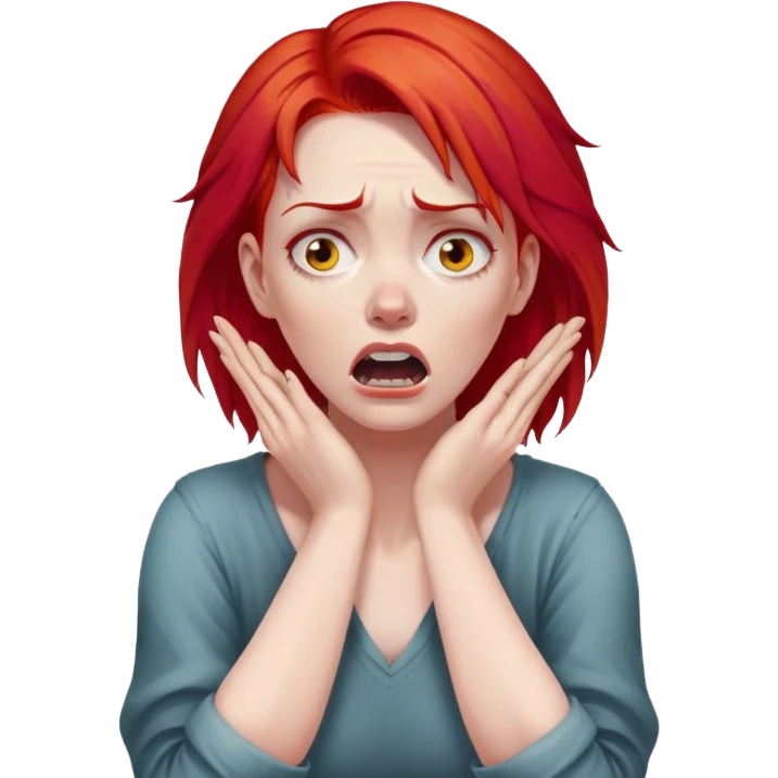 of a white woman with bright red hair, visibly distressed and clutching her neck with both hands, her face conveying a strong sense of panic and fear emoji