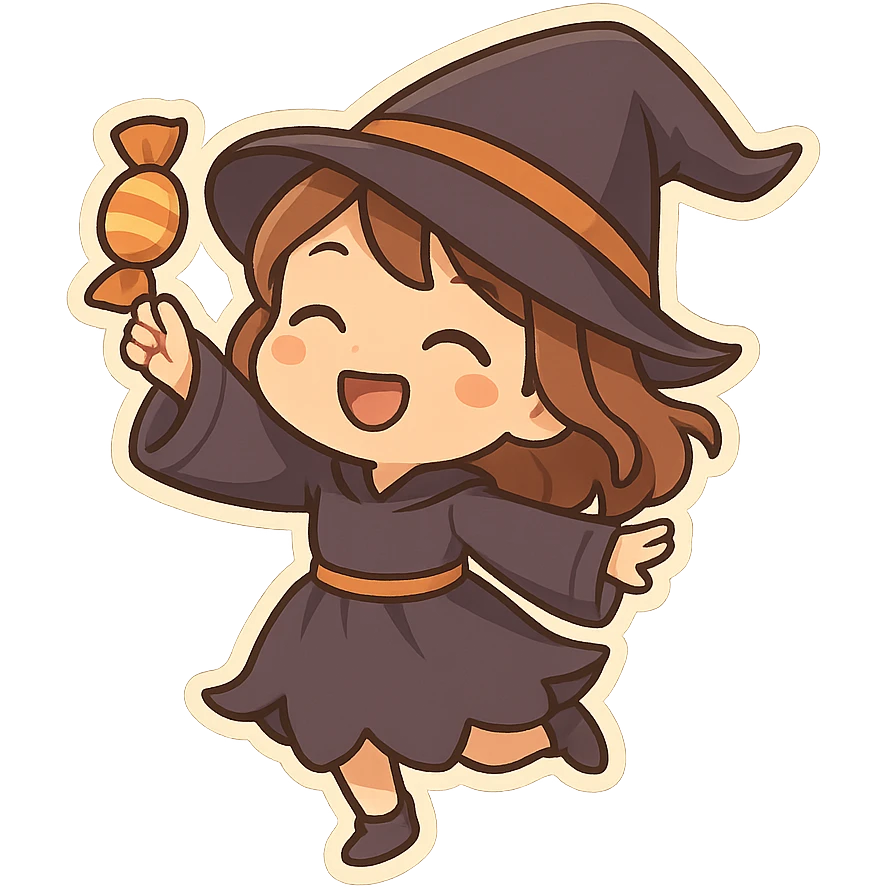 一个穿着万圣节巫师服装的小女孩，手里拿着一个糖果，开心的跳舞 emoji