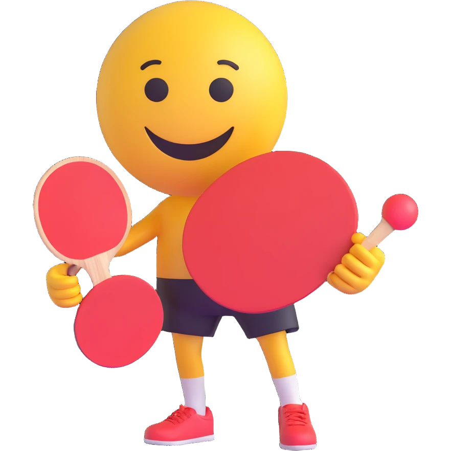 3D smiley emoji, round shape, with table tennis paddle and ball, sporty face emoji