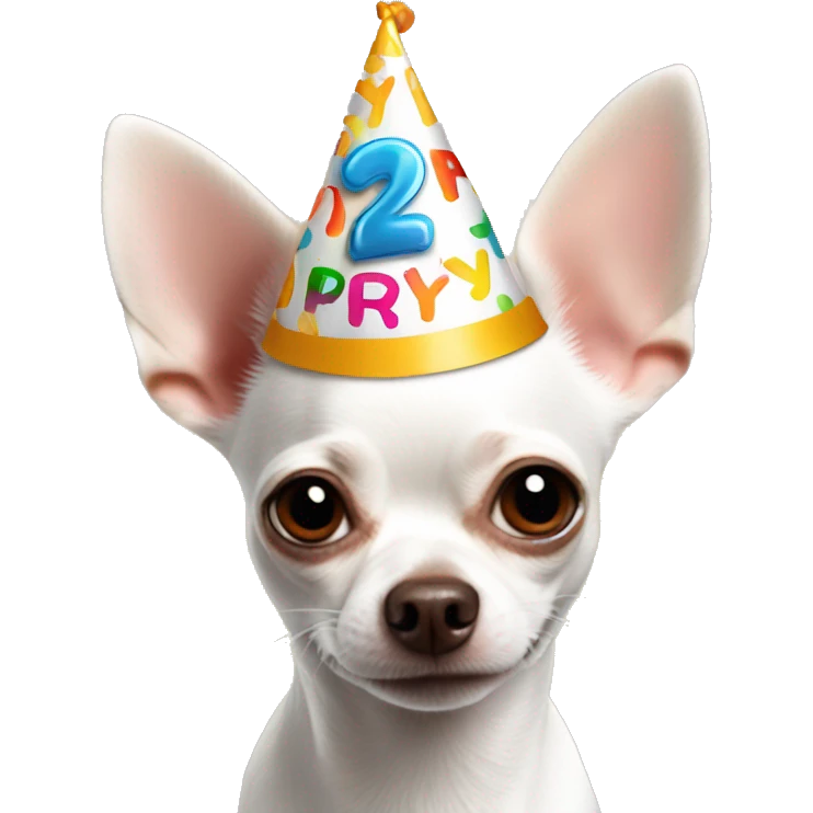 White deerhead chihuahua wearing a birthday hat emoji