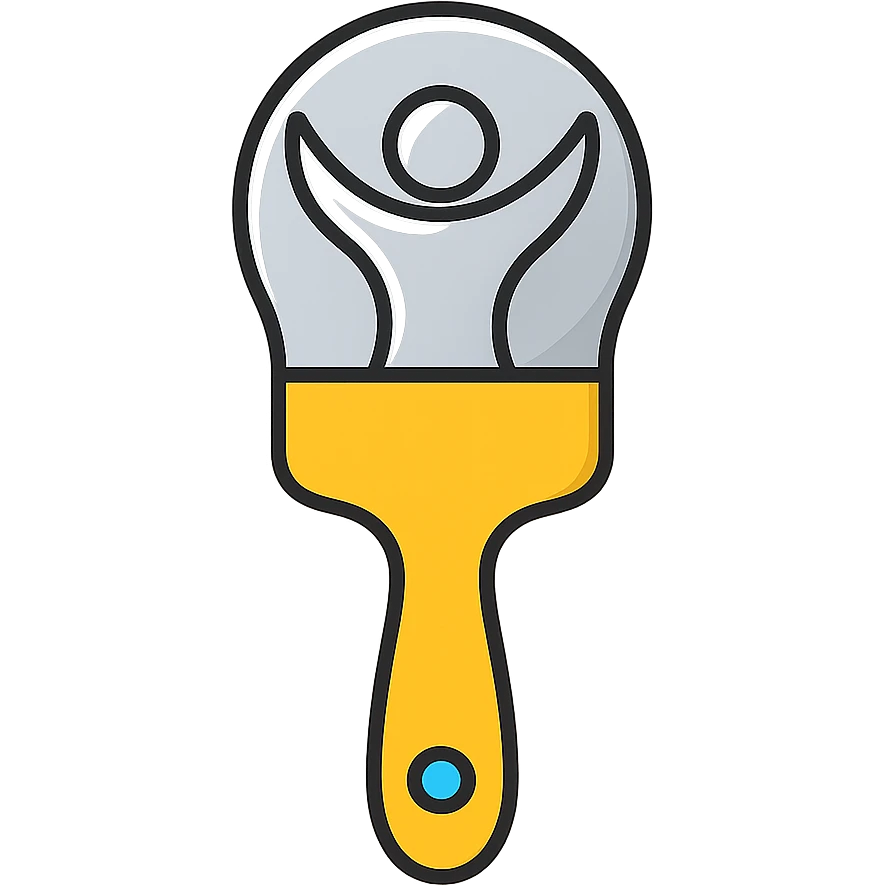A paintbrush transforming into a silver metallic human figure emblem, artistic identity symbol, with reflective surface emoji