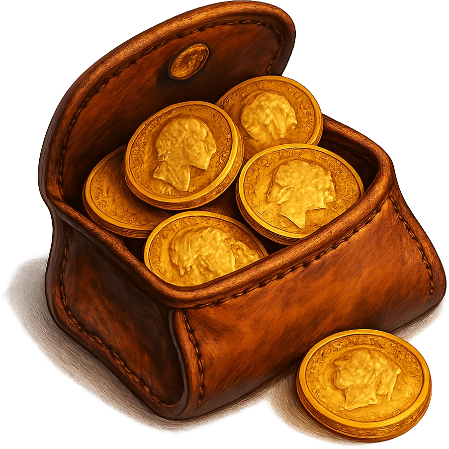 В cлегка рисованной, но при этом объемной и яркой стилистике сгенерируй картинку кожаного кошелька, из которого торчат натуральные фотореалистичные старые золотые монеты. Они должны выглядеть не как пластмассовые, а как настоящее золото. Прозрачный фон emoji