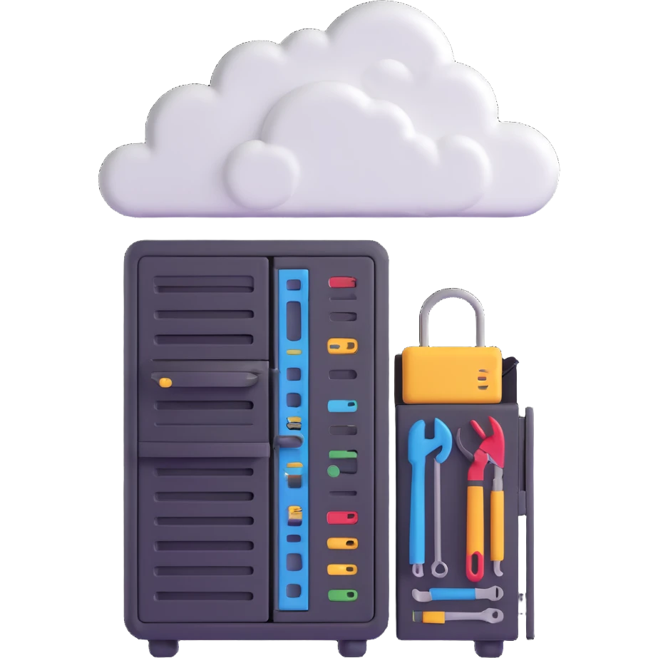 3D style cloud with server racks and tools, techy look, representing DevOps Cloud Engineer emoji