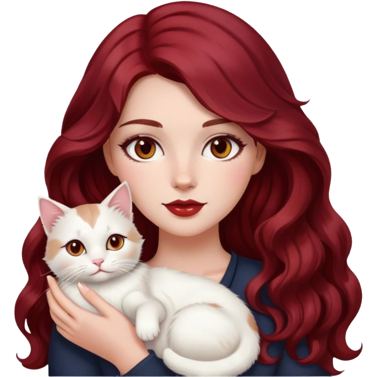 a white girl with soft makeup dark red cherry long wavy hair brown eyes hold a white cat emoji