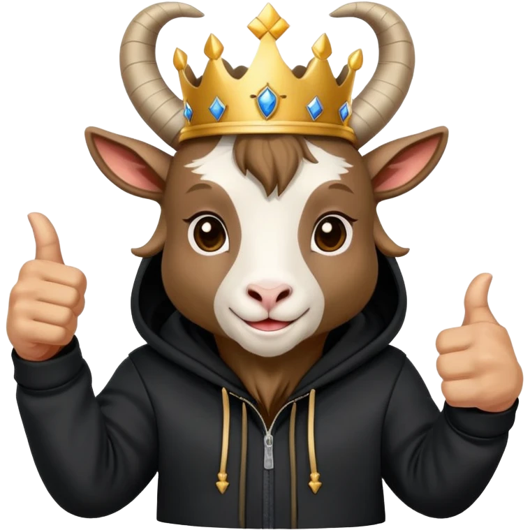Goat with horns wearing black hoodie and a royal crown thumbup emoji