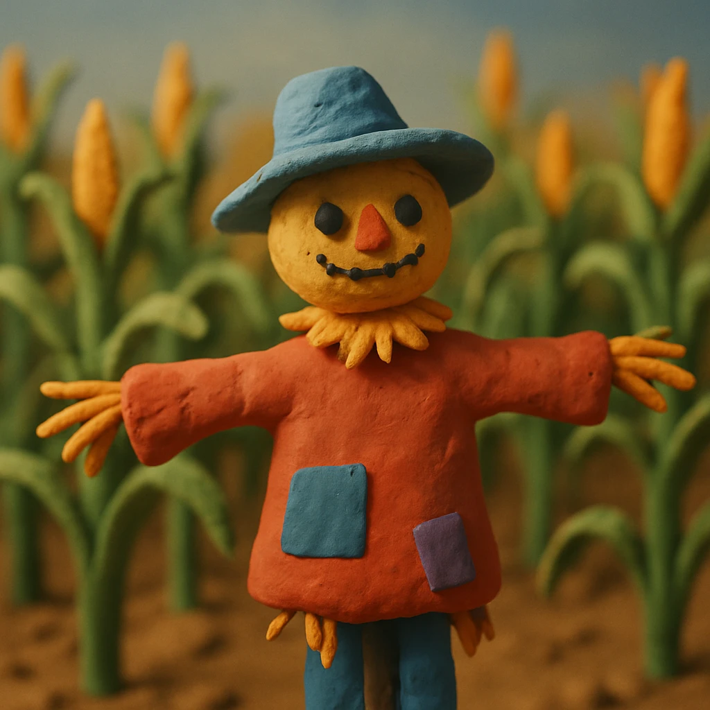corn field with a colorful and whimsical scarecrow, soft lighting, claymation style emoji