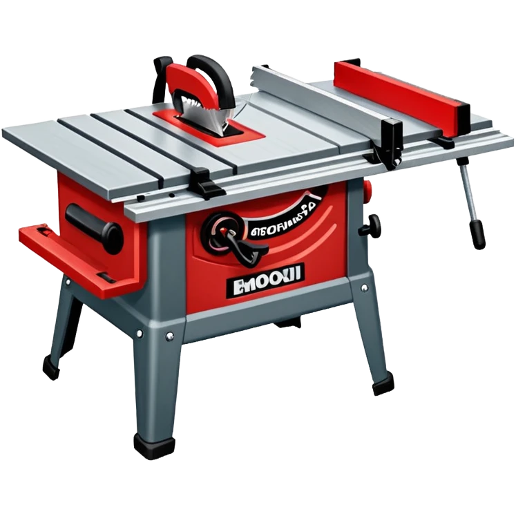 A table saw emoji with a dark wooden table and a red blade emoji