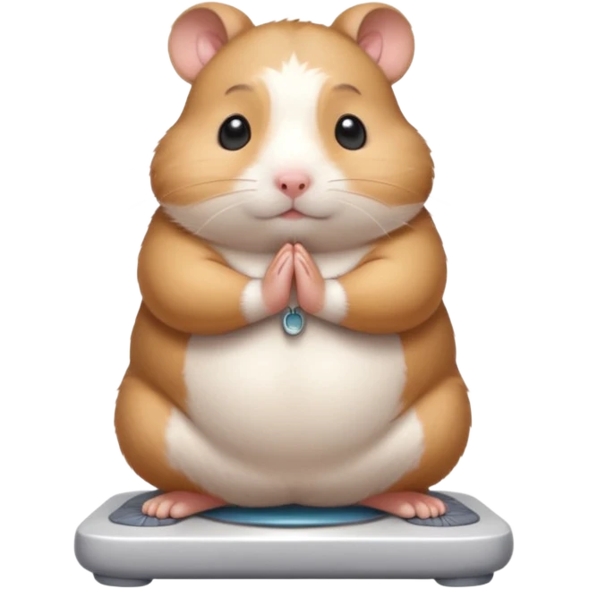 Cute chubby cartoon-style hamster standing on a bathroom scale, looking nervous with praying hands. Painterly shading, closed eyes, white background, sticker-style illustration emoji