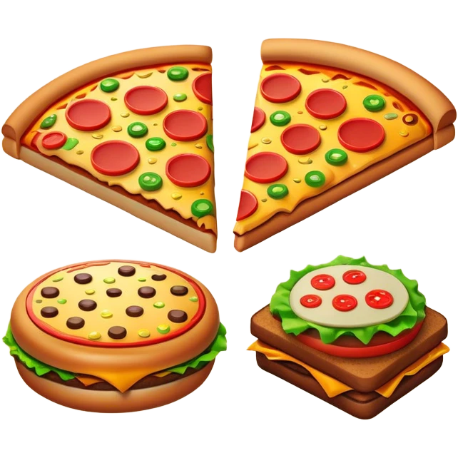 Clash of Clans aesthetic: Cinematic Playful Pixel 3D Food (Pizza, Burger, Apple) Portrait Emoji, rendered in a 3D vector-style similar to standard emojis with minimal shading and bold, simplified shapes. A compact, distinct form with signature details, softly glowing with a pixelated adventure charm. Simplified yet unmistakably iconic, highly detailed and consistent, glowing with a soft radiance and high shine. Stylized with a touch of classic pixel-art charm and a soft glowing outline, capturing the essence of a beloved gaming relic with a friendly, playful manner! emoji
