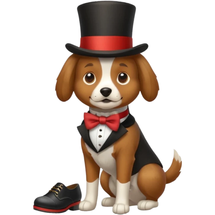 A dog wearing shoes and a top hat emoji