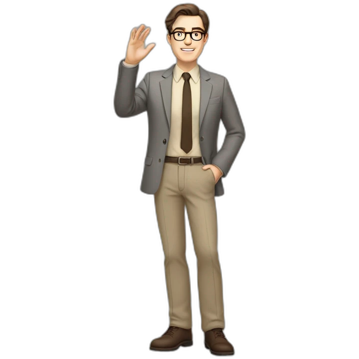 Full height Actively Gesturing Pale skinned fit man with dark brown hair in gray jacket, beige office shirt, brown tie, brown pants and vintage glasses. emoji