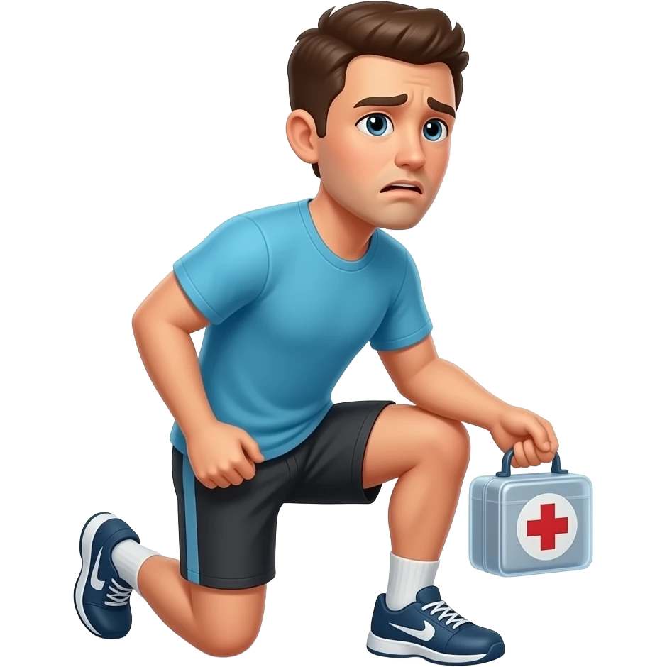 hazme un entrenador con ropa de esportista agachado i con un botiquin i que este preocupado i mirando para un lado i que el cuerpo este mirando a la derecha emoji