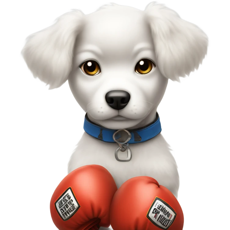 White puppy wearing boxing gloves with an Afro emoji