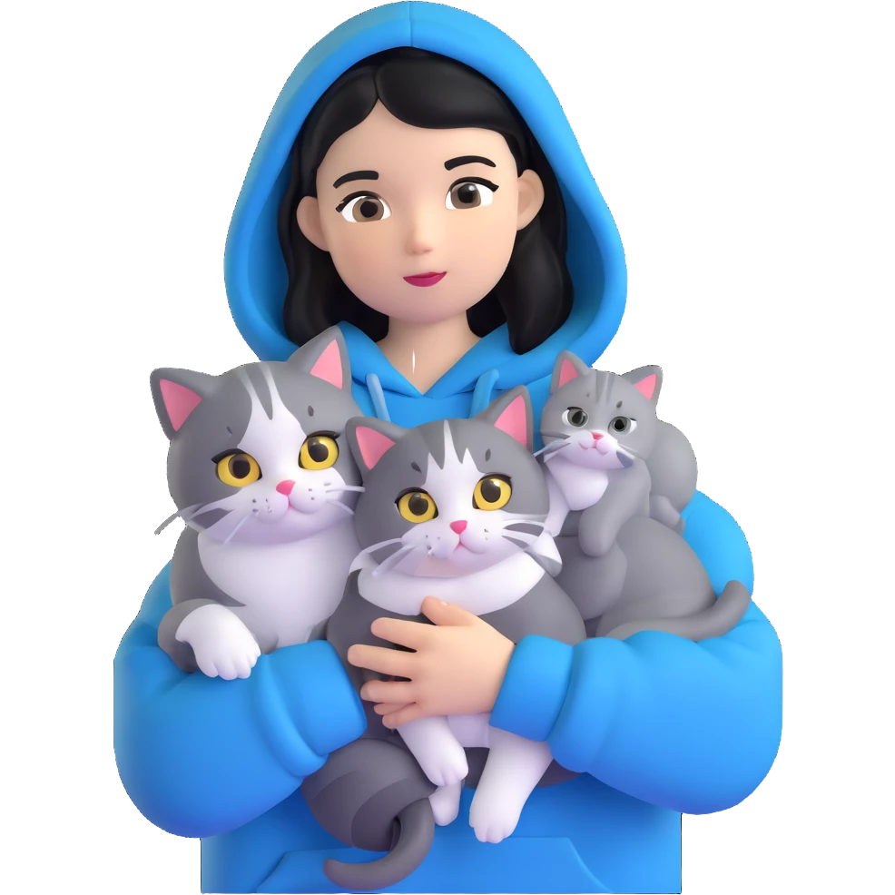 Girl with black hair wearing gray hoodie with a British shorthair blue and white cat and a long-haired blue and white cat emoji