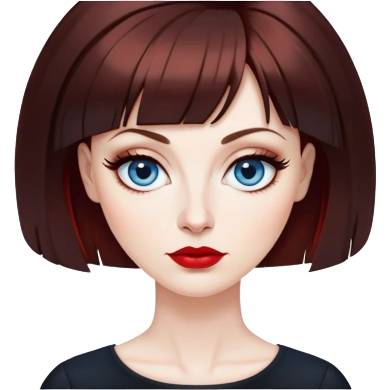 Artistic woman in her 40s with pale skin, oval face, large blue eyes with eyeliner, thin eyebrows, small nose, red lipstick, dark auburn hair with bangs, wearing a black top, mature creative expression emoji