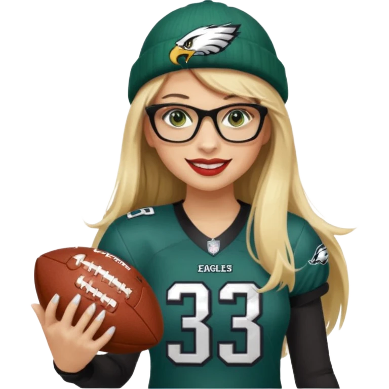 full length women wearing eagles uniform, long straight blonde hair, bangs, green eyes, black rectangle glasses, holding football, number 33, smiling, lipstick, eagles beanie emoji