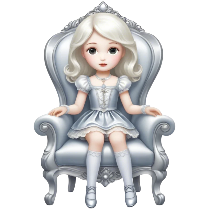 Cinematic and Ultra realistic 32k HD hauntingly beautiful porcelain doll sitting in a chair, Balanced features, highly detailed, glowing with silver light, high shine, remembrance, a painting of white silver, fanciful, enchanting. The image is so lifelike it could leap off the canvas at any moment emoji