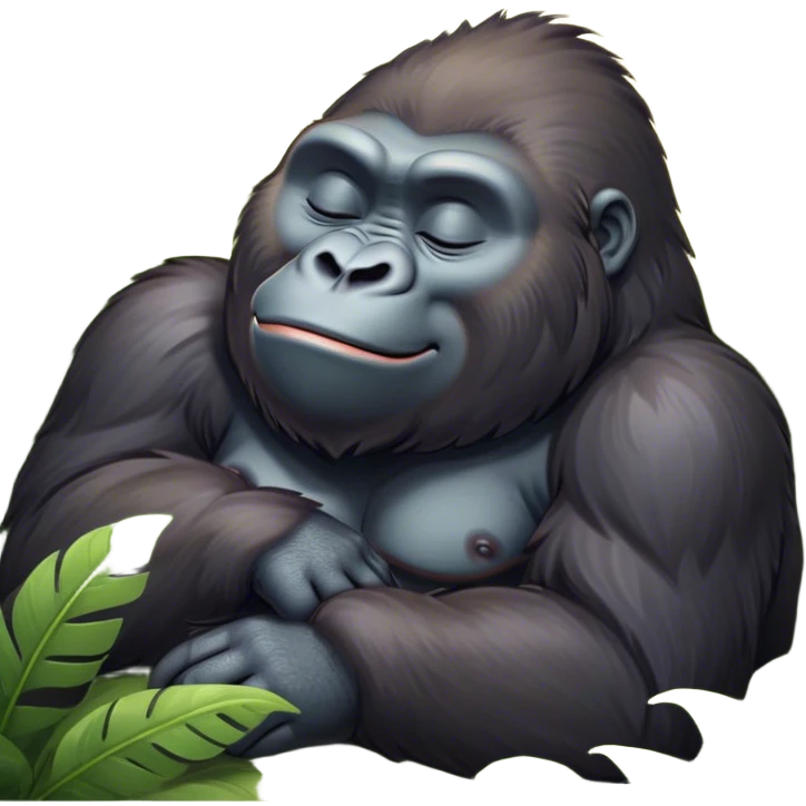 Meme-Worthy cute Sleeping Gorilla Portrait Emoji, Head resting peacefully with a contented smile, showcasing a luxuriant, thick Fur and eyes gently closed in serene slumber, Simplified yet hilariously adorable features, highly detailed, glowing with a soft, drowsy jungle light, high shine, relaxed and utterly lovable, stylized with an air of playful laziness, bright and heartwarming, soft glowing outline, capturing the essence of a sleeping gorilla that feels destined to become the next viral sensation of adorable rest! emoji
