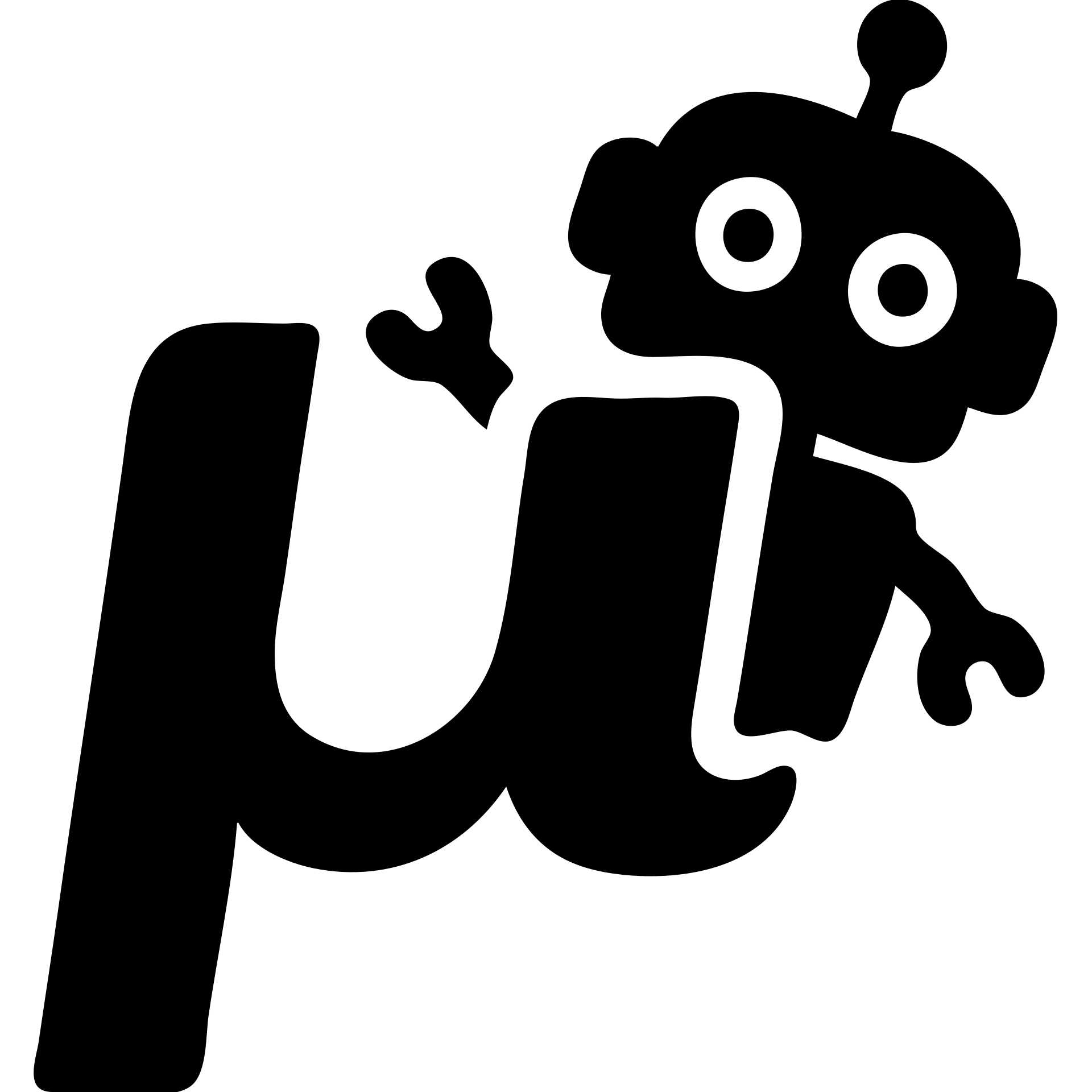 solid icon of a blue lowercase mu with a playful toy robot peeking from behind emoji