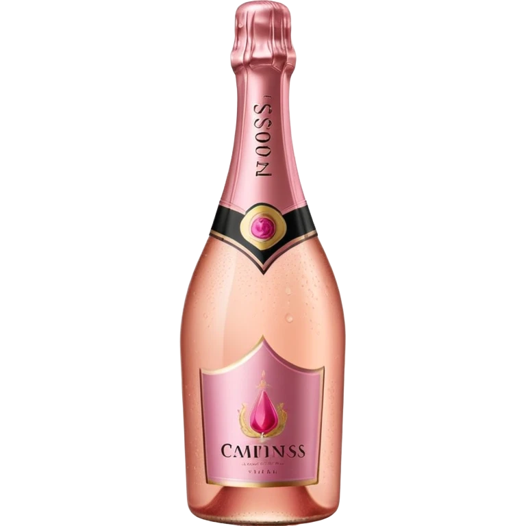 bottle of sparkling rosé champagne with a rose logo on the label, tilted up and to the right, no glass emoji