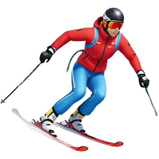An icon featuring snowy peaks, pine trees, and a picturesque mountain landscape with a skier racing down a snow-covered slope, The sky is blue with soft clouds, capturing the thrill and beauty of alpine skiing. Transparent background highlights the excitement and serenity of winter sports. emoji