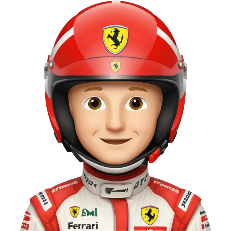 Close-up of Michael Schumacher wearing a Ferrari F1 2004 racing suit, smiling, helmet visible, red and white details, emoji style emoji