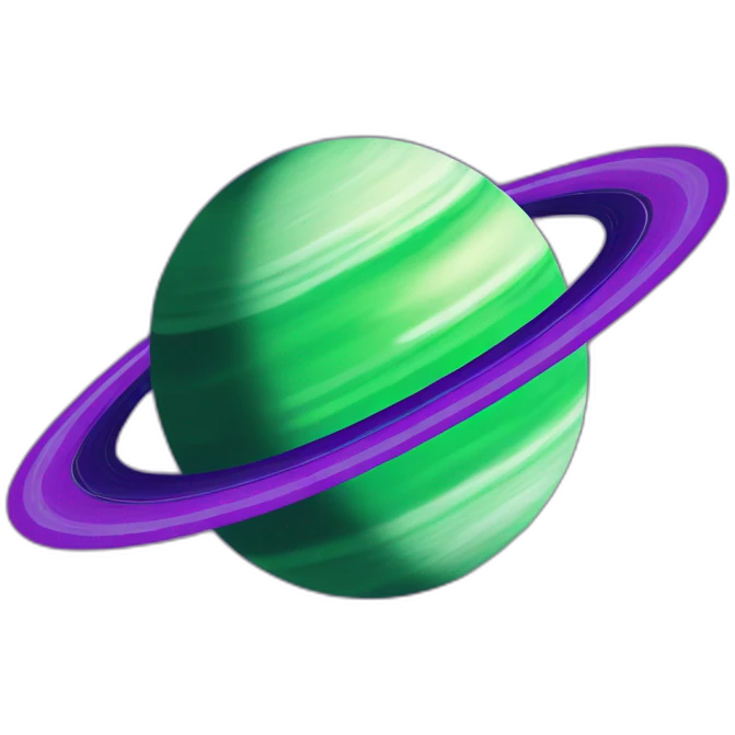 green planet with purple saturn rings and white moon emoji