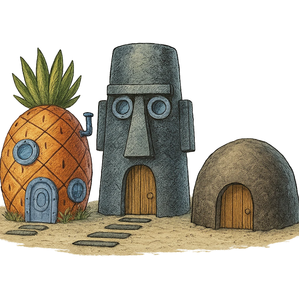 Spongebob's pineapple house, Squidward's Easter Island head house, and Patrick's rock house all together, highly detailed, no characters, transparent background emoji