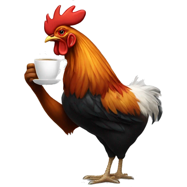 a rooster holding a small coffee cup with its wing emoji