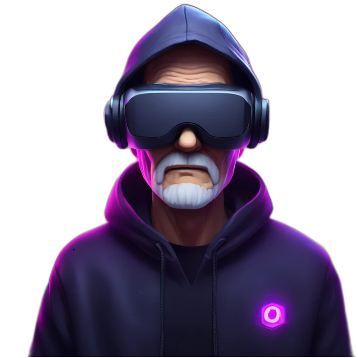 Russian old man wearing a black hoodie with "OMG" letters on it and VR headset in a cyberpunk VR environment with violet neon lighting. emoji