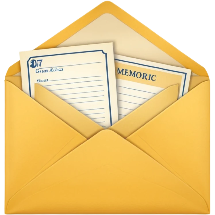 A simple emoji-style icon of a yellow manila envelope with subtle paper texture, clean edges, and a small graduation 2017 group-photo icon on the front, representing class memories and archived academic records. emoji