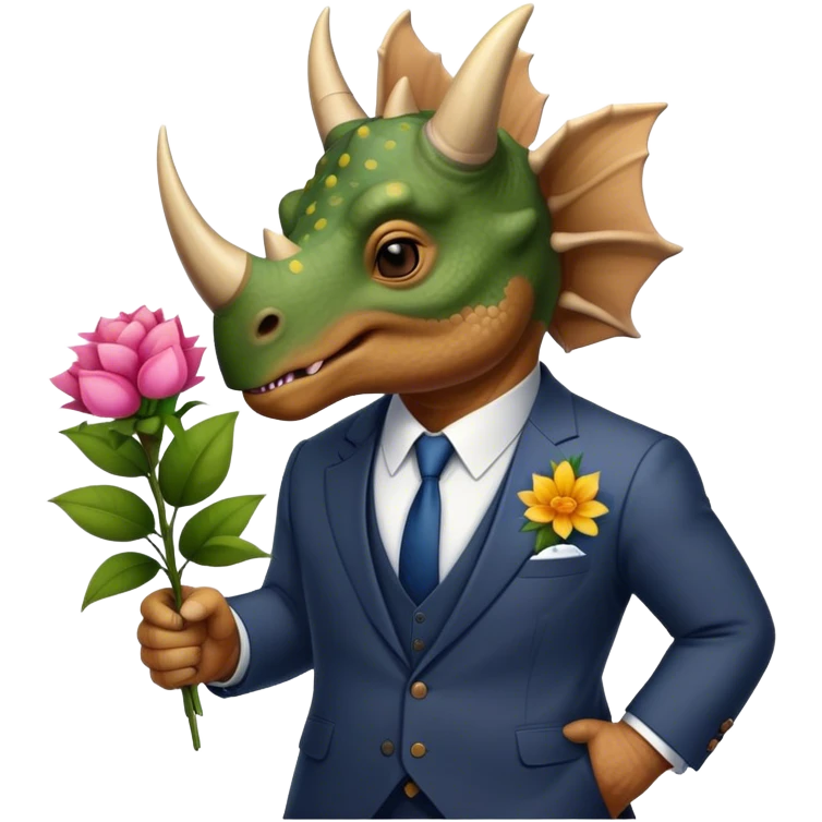 old triceratops in suit holding flowers emoji