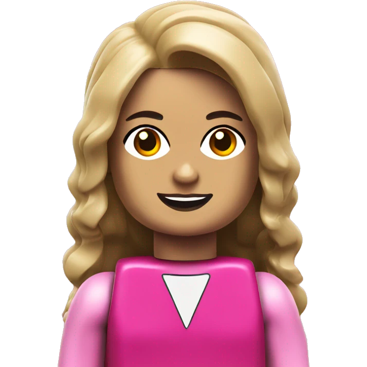 A lego woman, long hair, and dressed in pink, smiling emoji