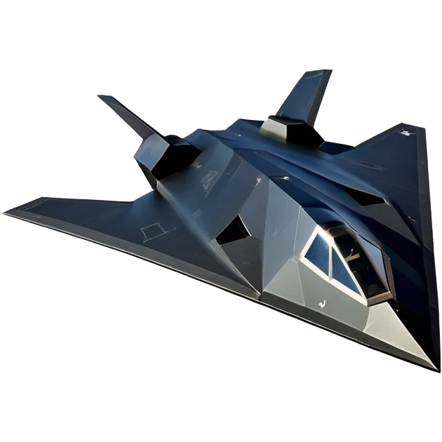 F-117 Nighthawk - Lockheed Martin (Stealth Grey) A futuristic stealth attack aircraft with a distinct faceted, angular design in a stealthy matte grey. Its sharp, jagged edges and unconventional, almost alien-like shape make it look like a shadow cutting through the night sky. The surface should appear non-reflective with subtle panel lines. emoji