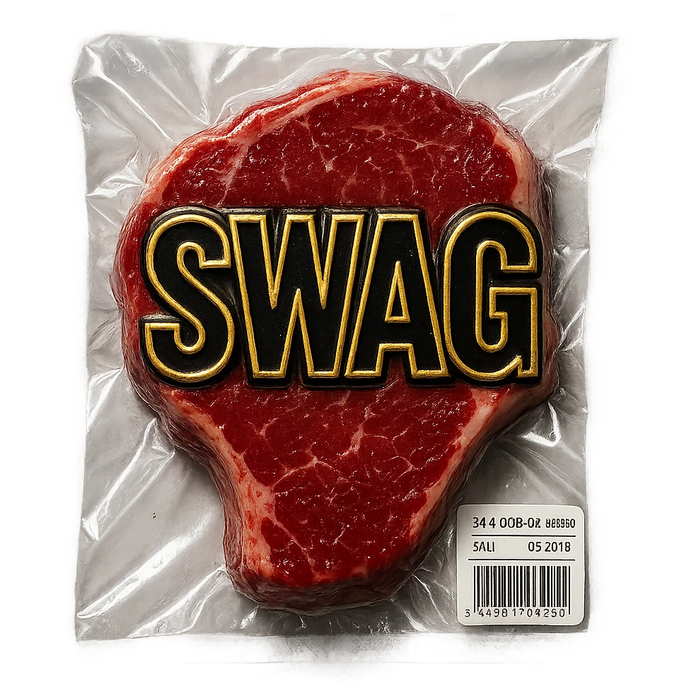 steak with gold outlined 'SWAG' letters, glossy emoji