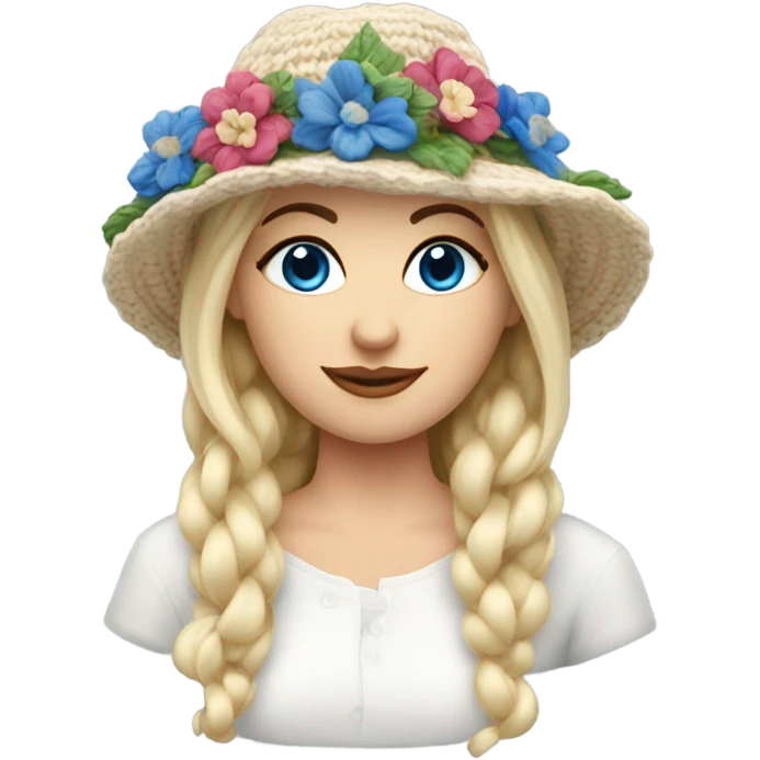 beautiful finnish blonde woman with blue eyes knitting floral hat emoji