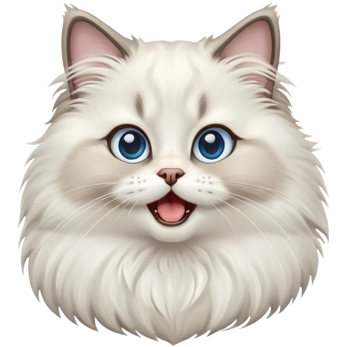 cinematic-adorable-big-eyed-fluffy-ragdoll-cat-portrait-emoji,-head-tilted-playfully-with-a-cute,-exaggerated-yawn,-white and grey fur,-simplified-yet-irresistibly-cute-features, blue eyes emoji