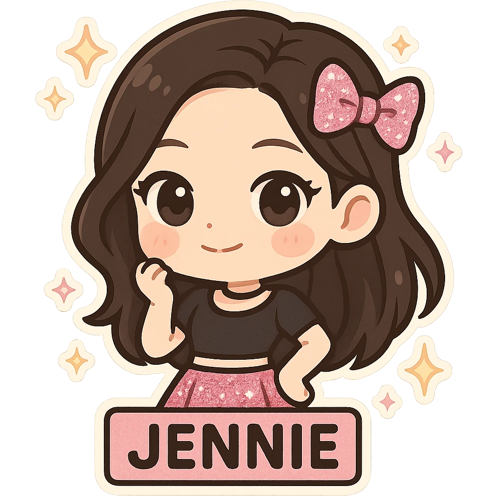 chibi sticker of Jennie from BLACKPINK, black and pink colors, cute and collectible style, with glitter and sparkles emoji