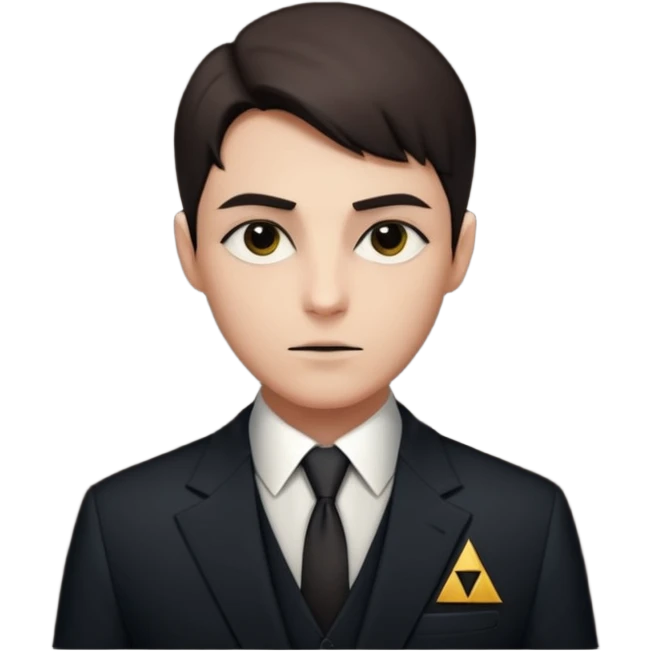 shadowy elite character in a suit with a mysterious expression, subtle Illuminati triangle symbol, secrecy theme emoji