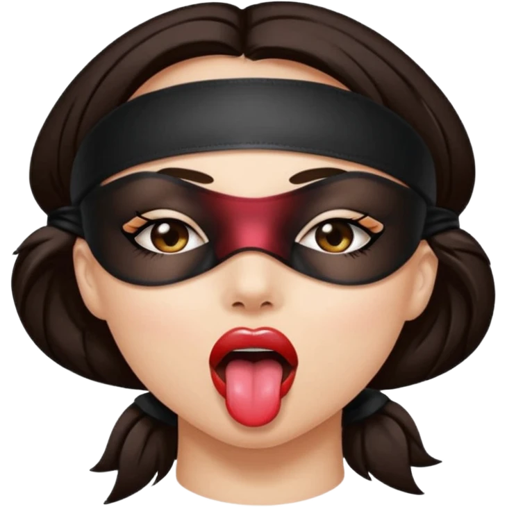 woman with dark brown hair wearing black blind fold completely covering her eyes. tongue out and saliva coming from mouth emoji