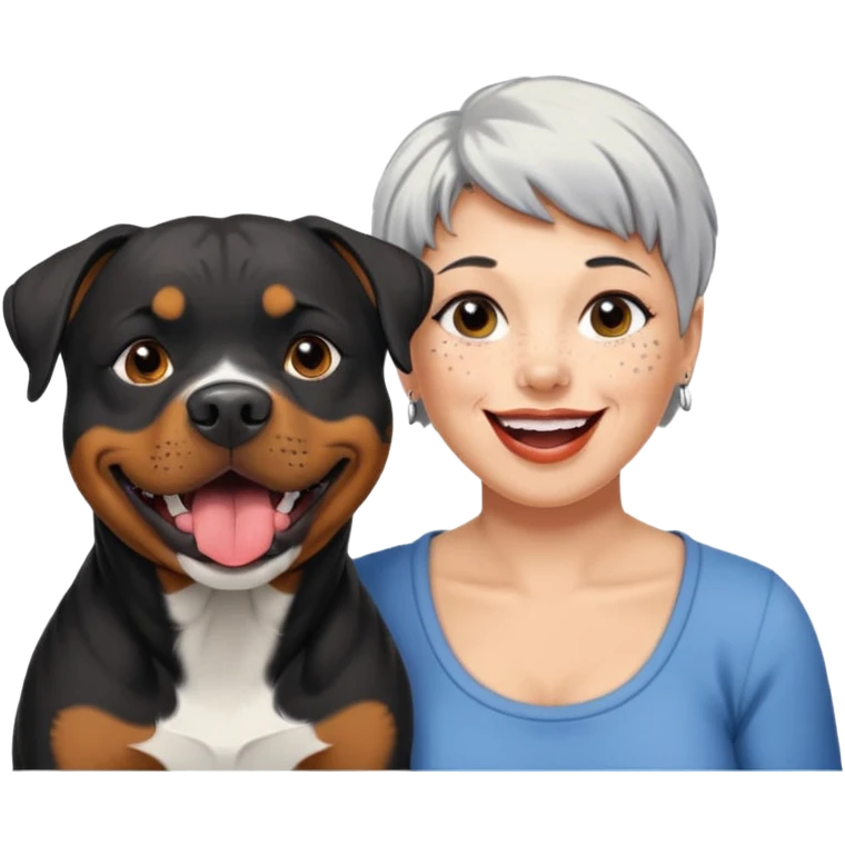 Pitt bull rottweiler white muzzle with black spots tongue out next to one older woman with short silver hair emoji