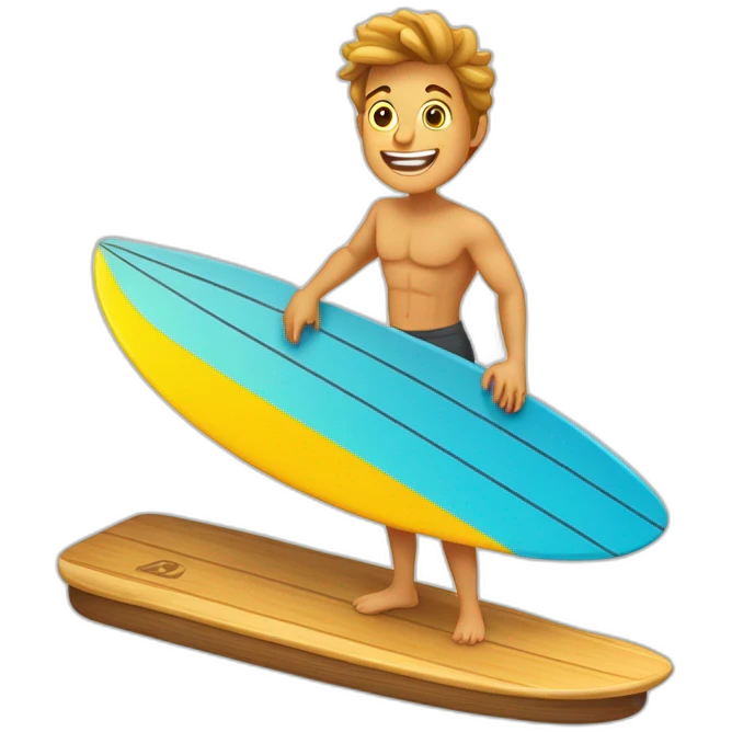 photocopieur de type cartoon qui serait une mascotte en train de prendre une belle vague sur une planche de surf avec un beau soleil emoji