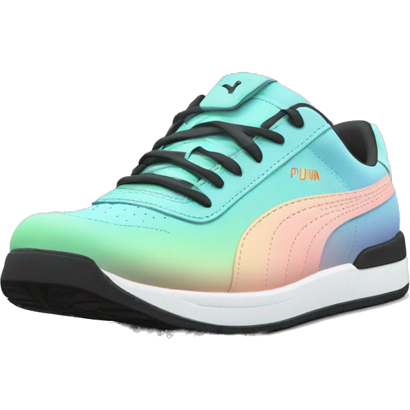 Realistic pair of pastel blue pastel green peach and black ombre Puma sneakers isolated.  emoji