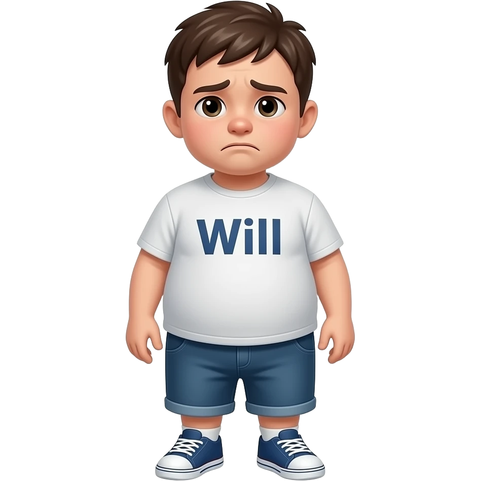 hazme un niño que se le vea todo el cuerpo que este triste i que tenga en la camiseta dibujado Will  con letras se llame Will i que sea gordo peró no muy gordo un poco feo emoji