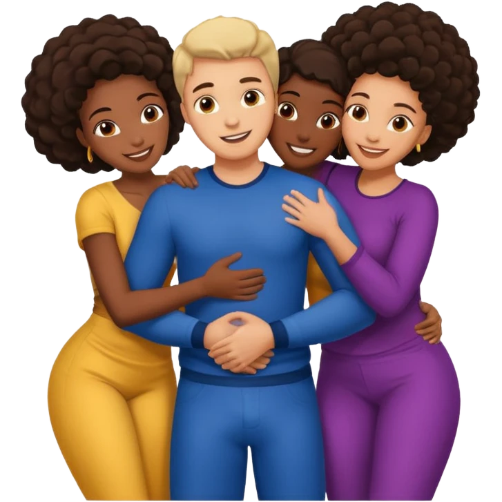 one american italian young man surrounded by three african women with large butts hugging him and each other and grabbing his crotch emoji