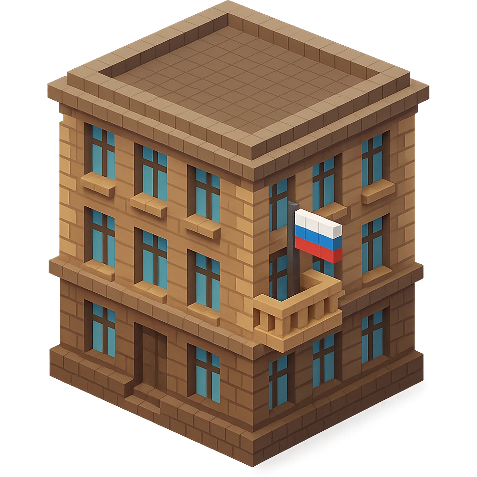 old Saint Petersburg building in voxel style, gray-brown tones, Russian flag on a small flagpole attached to a balcony, isometric view emoji