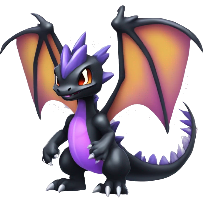 Black shiny chibi Mega-Charizard-X-Raptor-Fakémon with purple accents full body emoji