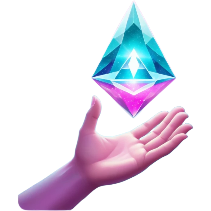 White pov hand emerging from stardust, holding a prism portal revealing floating products in a galaxy nebula, prism glows with cosmic magenta (#FF00FF) and celestial teal (#00CED1), starry depth-of-field, mystical luxury vibe emoji