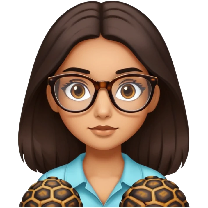 a slight tan girl with long,silky, SHINY dark brown hair, dark brown eyes and brows long thick lashes and glasses with a colour of tortoise shell emoji